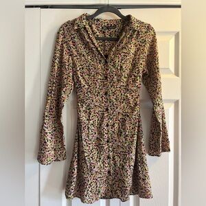 Zara Shirt Dress Ditsy Floral Flared Long Sleeve Button Front Multi Size XS